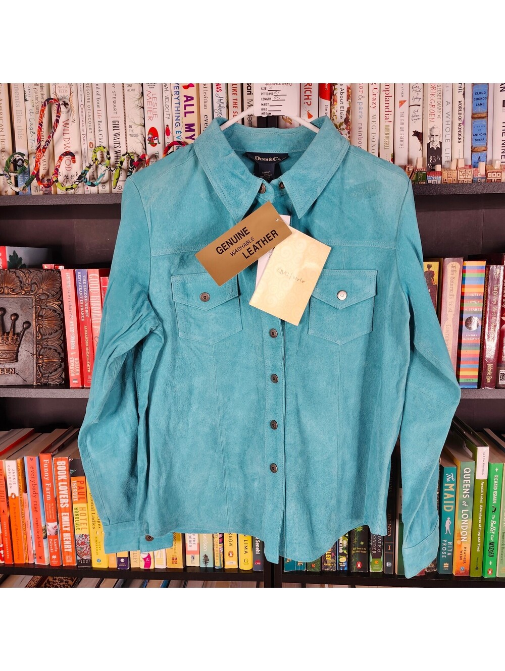 Denim & Co Genuine Leather Shirt Jacket Aqua Turquoise Snap Front Small NWT